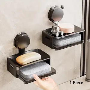 Strong Adhesive Soap Dish with Suction Cup, No Drilling Required, Water-Draining Soap Saver Bathroom Wall-Mounted Holder, Ideal for Home Use