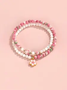 Peach Blossom Flower Charm Beaded Bracelet, Fashionable Colorful Natural Crystal Beaded Bracelet for Women & Girls, Trendy All-match & Exquisite Jewelry for Birthday Gift