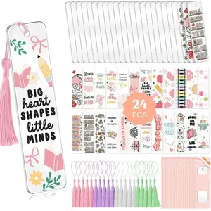 24PCS Acrylic Bookmark Blanks with 24PCS Booklover Theme UV DTF Stickers and 4 Colors Tassels,Blank Bookmarks UV DTF Transfers Stickers for DIY Crafts Hanging Tag Gift Bookmarks DIY