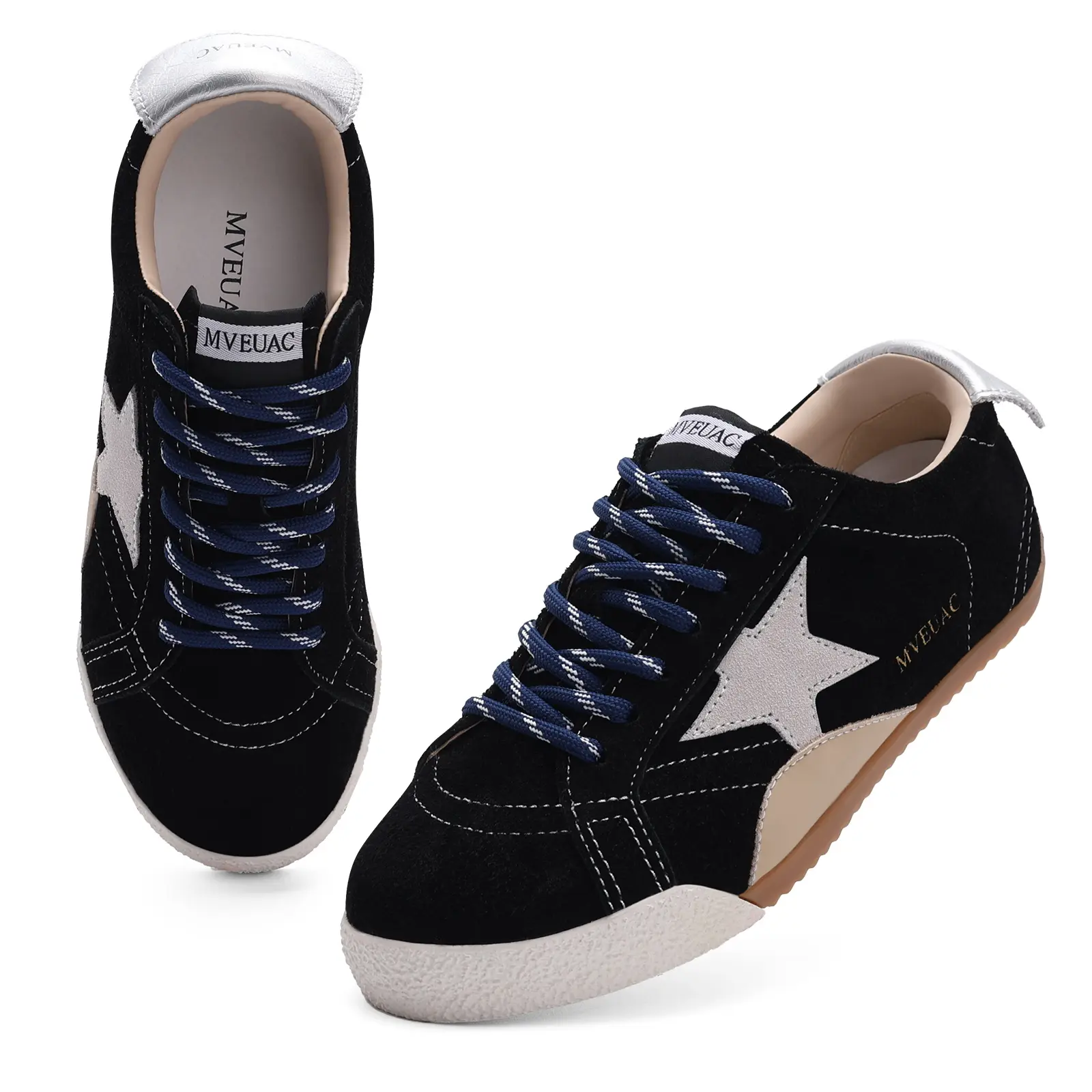 MVEUAC Sneakers for Women Comfortable Fshion Sneakers Walking Shoes Lightweight Lace-Up Women Flat Shoes Low Top with Memory Foam Insole Non-Slip Women Shoes for Walks,Working,Travel, Home Black