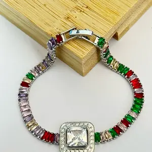 Elegant Multicolor Gemstone Bracelet with Emerald Ruby Amethyst & Champagne Stones Square Cut Centerpiece Pavé Crystals for Any Occasion