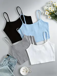 Women's Solid Ribbed Crop Basic Cami Top, Casual Adjustable Spaghetti Strap Top for Summer, Women's Clothing for Daily Wear, Everyday