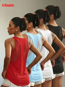 4-Pack Women’s Athletic Tank Tops – Solid Color Mesh Patchwork Racerback Sleeveless Tops, Lightweight Breathable Quick-Dry Curved Hem Workout Shirts for Gym, Yoga, Running & Training