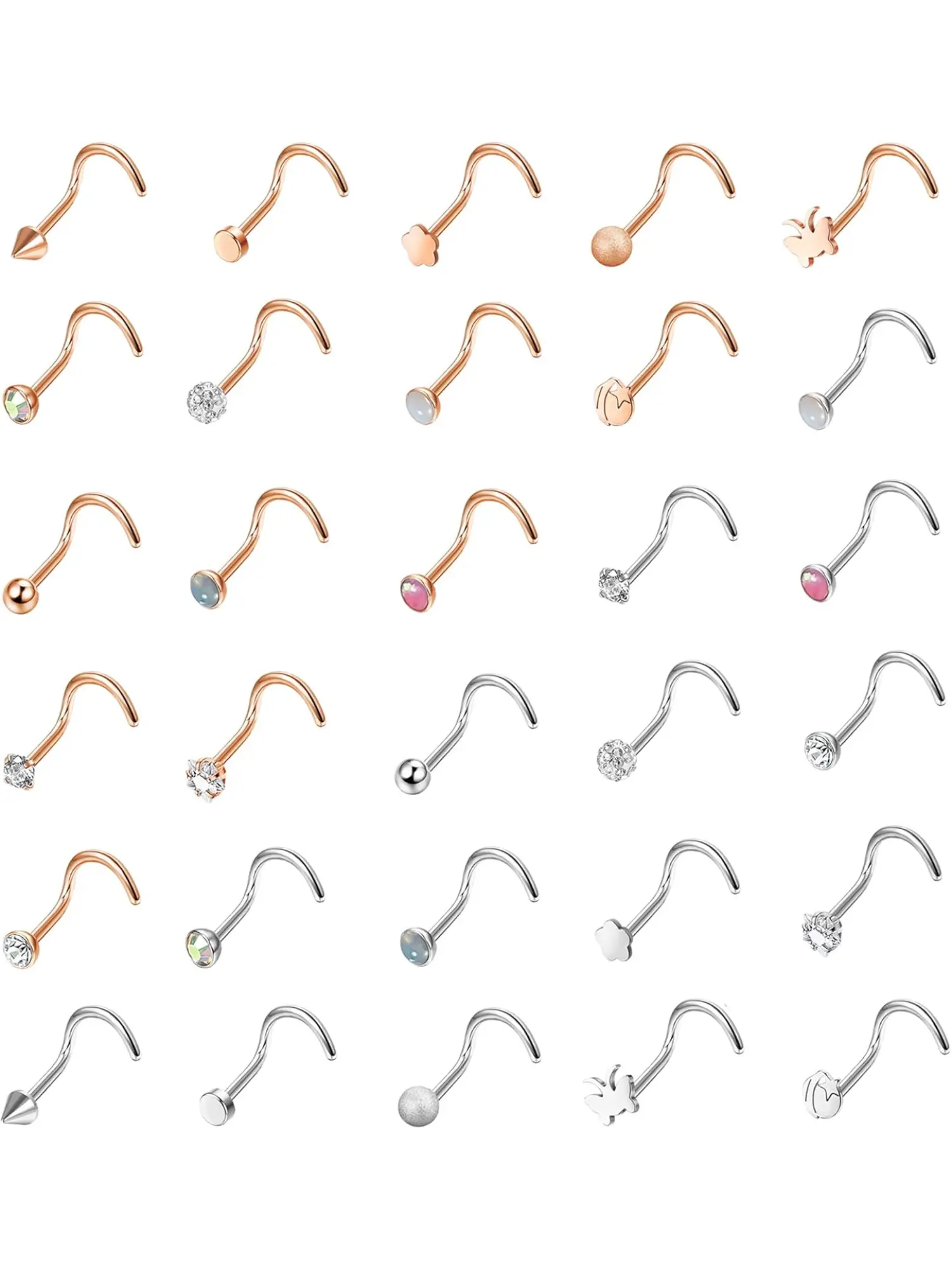 30Pcs 20G Surgical Steel Nose Rings Studs Set 2mm 2.5mm 3mm Screw L Shaped Bone for Women Men CZ Inlaid Opal Nostril Nose Piercing Jewelry Nose Piercings Kit Non Tarnish Jewelry