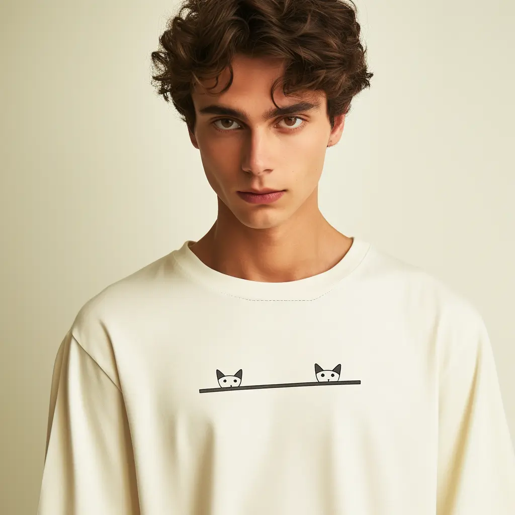 Cream T-Shirt with Minimalist Twin Cat Design - Unisex Casual Style Breathable Cotton Top Classic Fabric Menswear