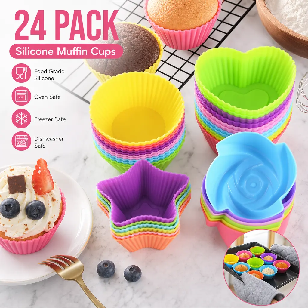 Reusable Silicone Cupcake Liners - 24-Pack Colorful Vibrant Shaped Bake Molds, Greaseproof Nonstick Baking Cups for Oven/Microwave Use, Peaceful Housewarming Gift with Round, Star, Heart, Flower Designs