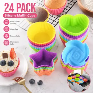 Silicone Cupcake Liners for Baking – 24Pcs Reusable Muffin Cups, Greaseproof Nonstick Baking Molds with Round, Stars, Heart, Flower Shapes – Fun Shapes for Cupcakes