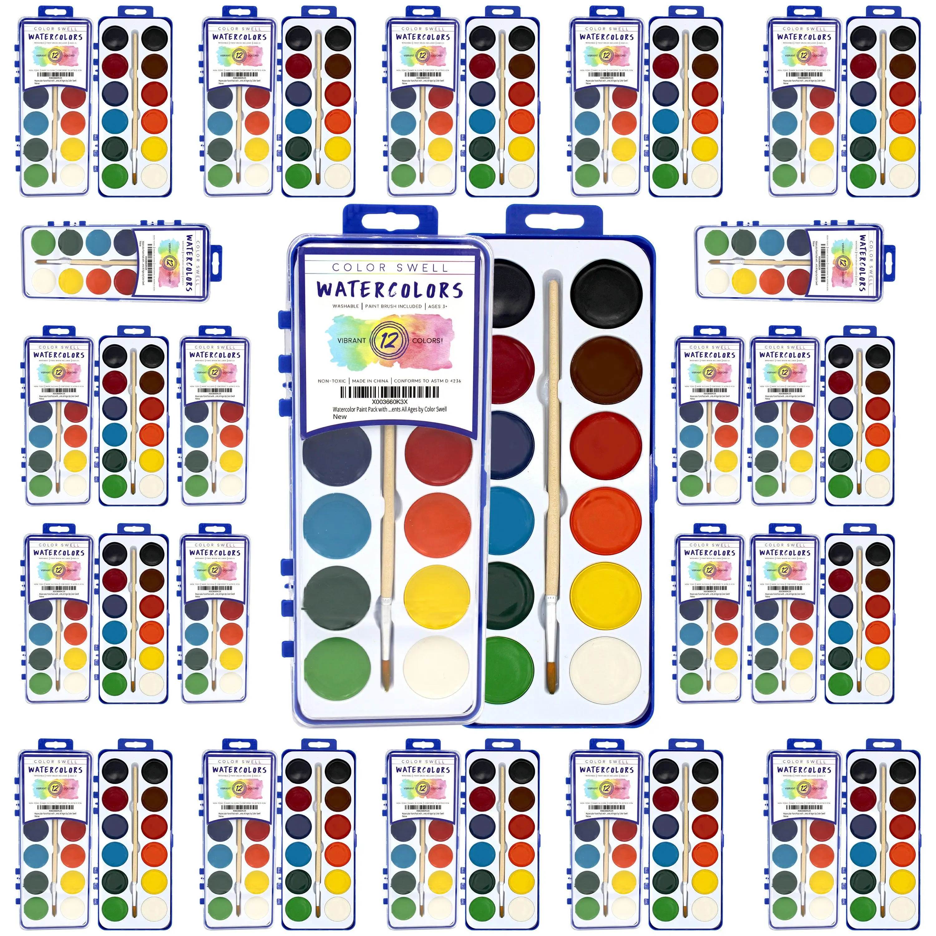 Watercolor Paint Pack with Wood Brushes 12 Washable Colors (1 Count (Pack of 36) Home School, Excellent Gifts  for Birthday, Halloween, Christmas Gift.