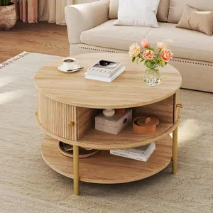 23.6" Round Coffee Table with Storage, Mid Century Modern Coffee Table with Sliding Cabinet Door, Round Metal Legs, 3-Tier Small Round Coffee Tables for Living Room, Oak