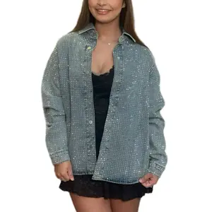IT GIRL Rhinestone Jacket - Black & Denim with Sparkling Rhinestones and Collared Design for a Classic Look and Statement-Making Style