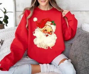 Retro Santa Sweater - Red Vintage Santa Christmas Sweatshirt for Women Long Sleeve Cotton Polyester Blend Holiday Clothing T-Shirt