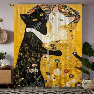 2 Piece Polyester 2D Animal Print Curtains, Vintage Cat Pattern Rod Pocket Drapes, Bedroom and Living Room Decor, Retro Style Window Treatments