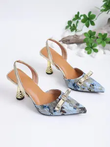 New Retro Floral Pointed Toe High Heel Bow Decorated Sandals for Women, Summer Metal Stiletto Shoes with Rhinestones and Bow Detail