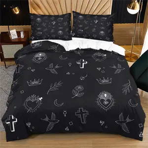 Gothic Cross-Print Pattern Quilt Cover Set, Soft And Durable Bedding Set, Including 1 Quilt Cover And 1 Or 2 Pillowcases, Suitable For Children And Adults For Daily Holiday Birthday Gifts And Bedroom Decorations