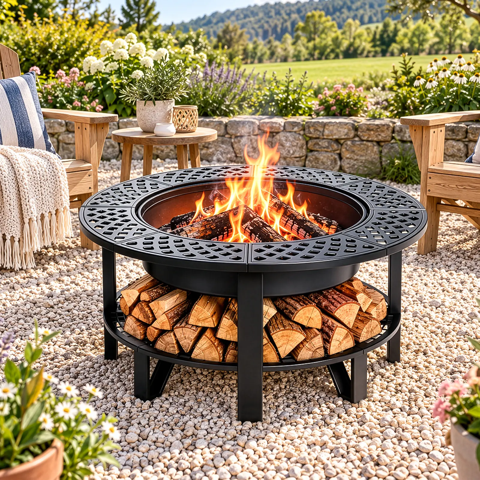 37in Round Double-Layer Wood-Burning Fire Pit with Mesh Grate, Black, with Attached Table Top