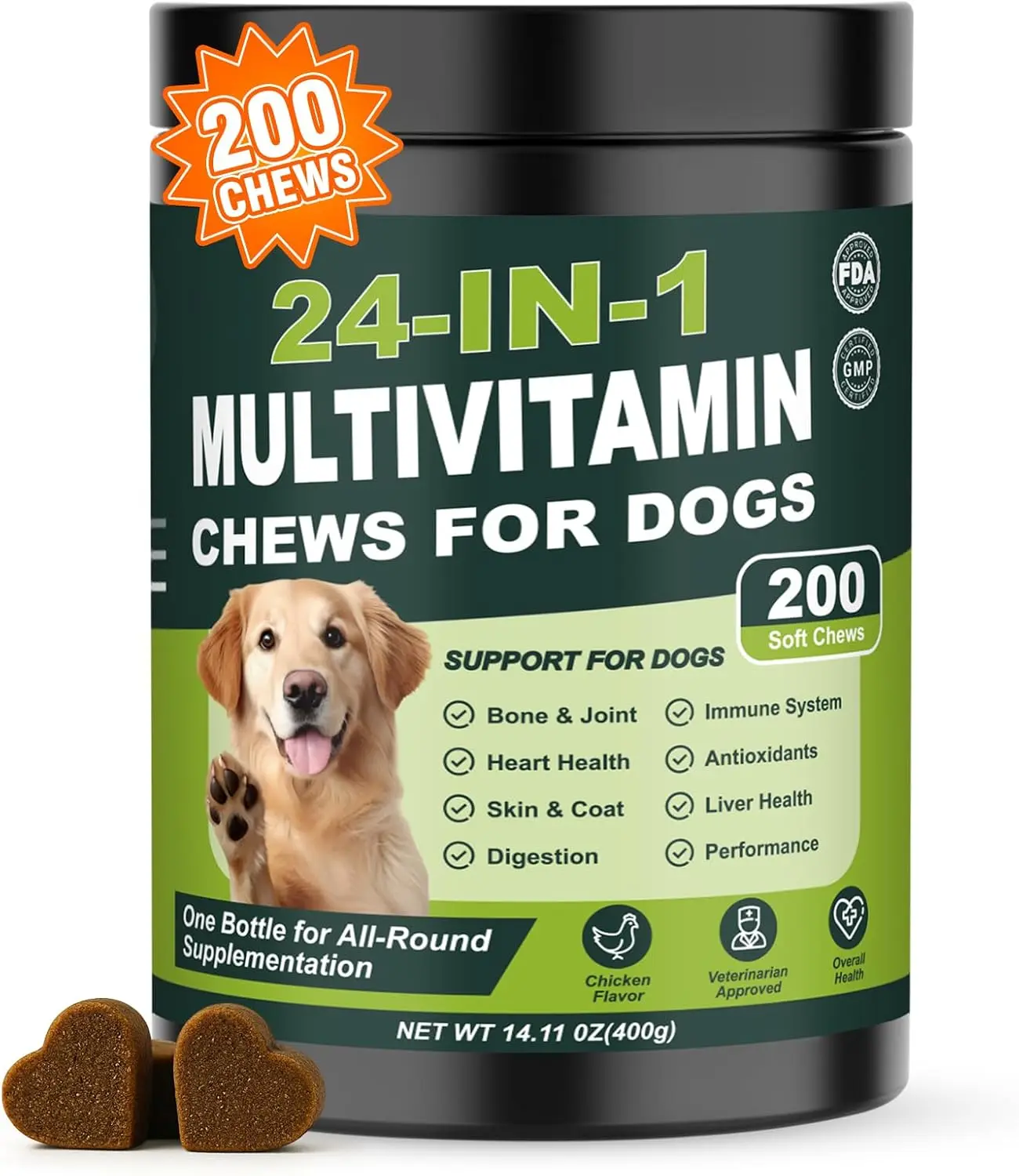 24-in-1 Dog Multivitamins, 200 Count Chewable Supplements with Glucosamine, Chondroitin, Probiotics & Omega-3 - Hip & Joint, Skin & Coat, Heart, Liver, Brain & Eye Support - All Ages & Sizes