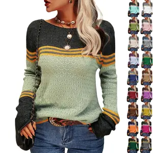 PASLTER Women Autumn Winter Colorblock Pullover Sweaters Round Neck Striped Slim Fitting Knitwear Tops Crewneck Womenswear
