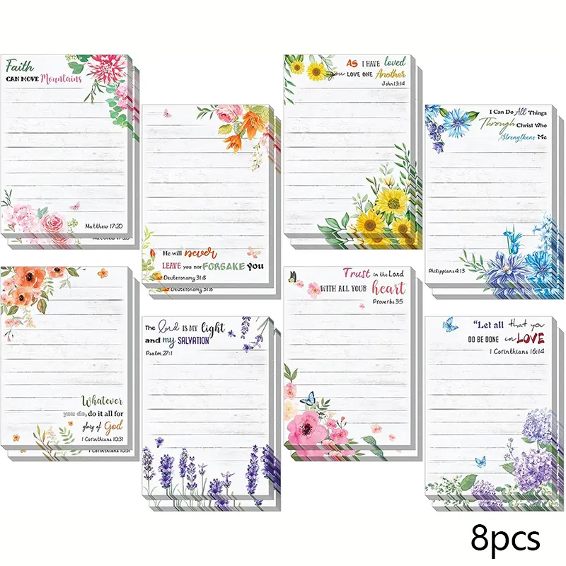 8pcs Bible Sticky Notes, Christian Memo Pads, Religious Bible Verse Quotes, Inspirational Sticky Notes, Floral Design, Adhesive Notes for Office School, Adhesive Tabs, Sticky Labels