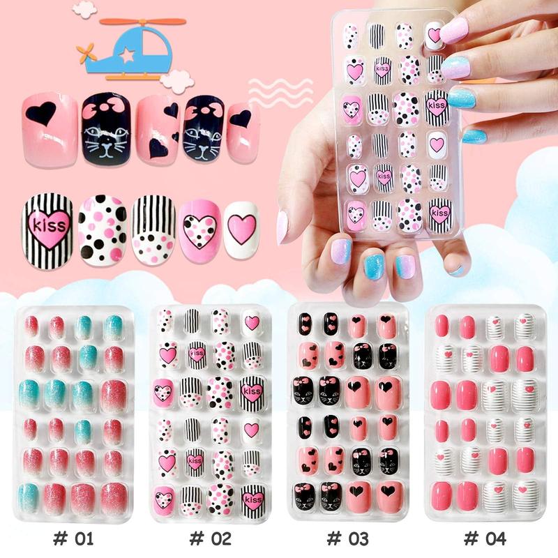 288PCS kids False Nail, Press on Pre-glue Full Cover Candy Pattern Short False Nail Kits with 48PCS Nail Adhesive Tabs, Valentine's Day Lovely Gift for Kids Little Girls Nail Art Decoration