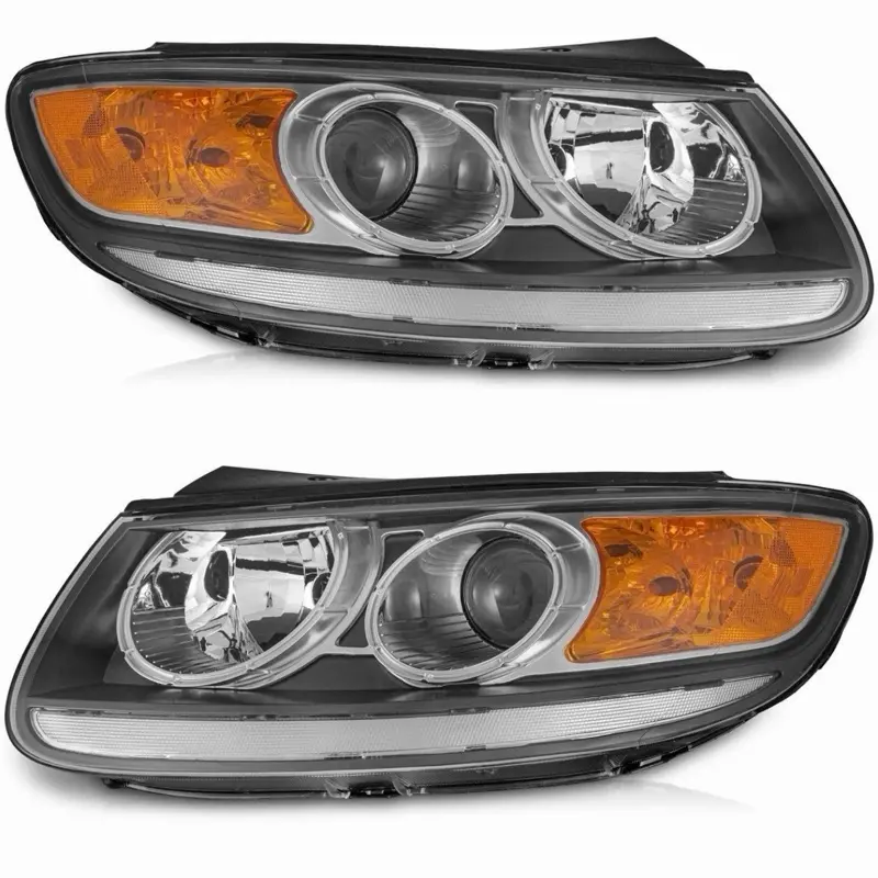 Pair Headlights For 2007-2012 Hyundai Santa Fe Halogen Black Headlamps L+R