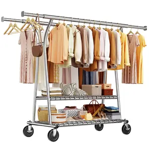 Raybee 78"W Heavy Duty Clothes Rack Loads 441LBS, Rolling Clothing Racks for Hanging Clothes with Shelves & Wheels Portable Collapsible Garment Rack Chrome