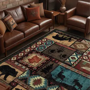 YIHOUSE Rustic Cabin Area Rug 5x7,Machine Washable Lodge Bear Rug,Non-Slip Low Pile Print Pattern Southwestern Rug for Living Room Bedroom