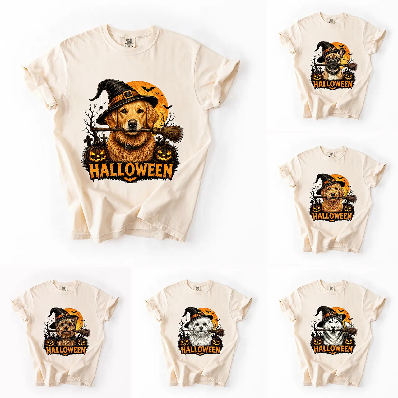 Comfort Colors 50+ Dog Breeds Halloween Dog Shirt, Dog Breeds Available Witch Hat Pumpkin Tee, Golden Retriever Husky Frenchie Dachshund German Shepherd Graphic Shirt, Spooky Dog Mom Dog Lover Gift, Halloween Shirt, Gift for Dog Lovers