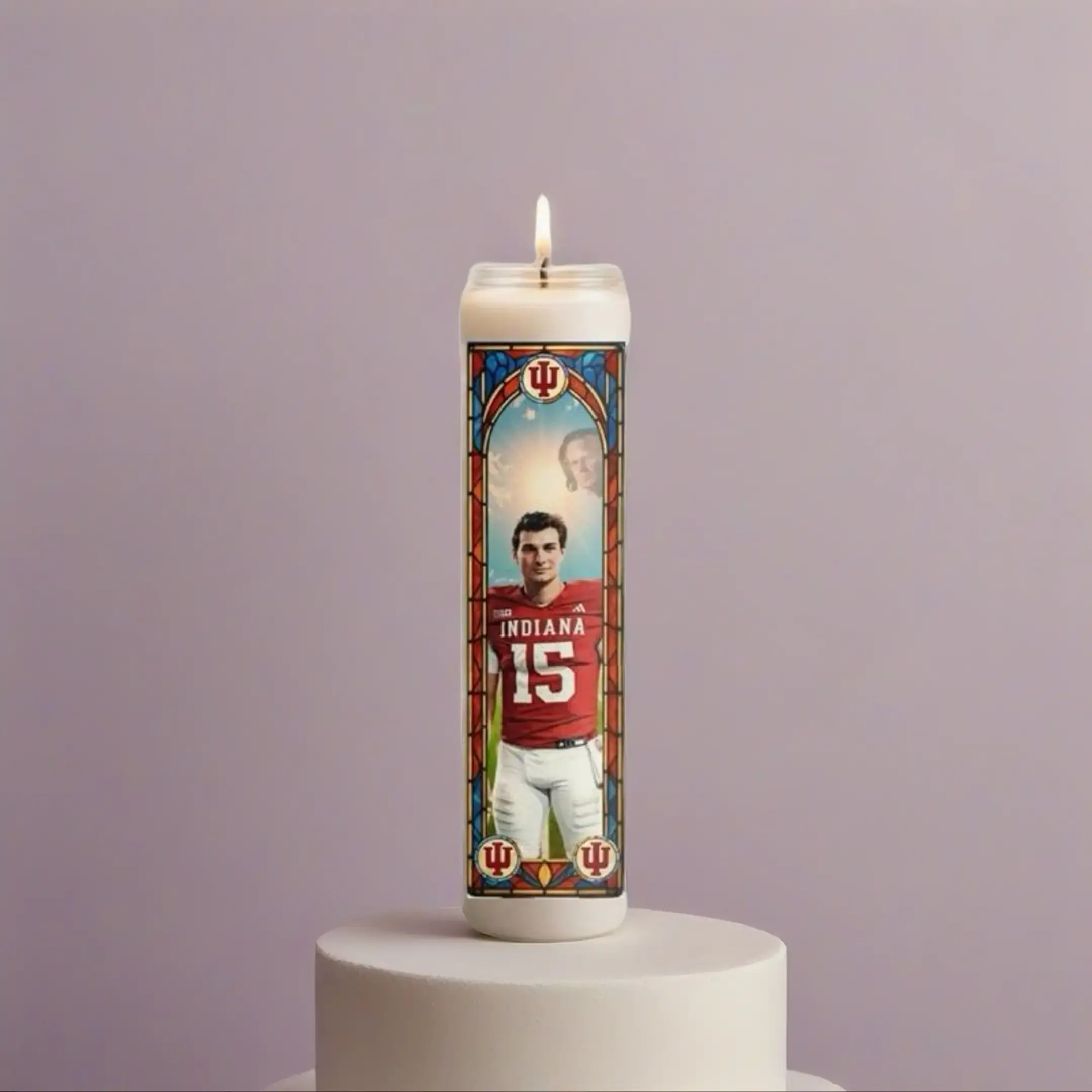 Indiana Football Prayer Candle Fernando Mendoza #15 & Curt Cignetti Stained Glass Design 8" Tall Devotional Candle for Game Day Rituals
