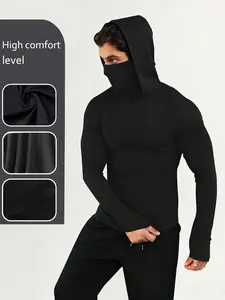 Men's Hooded Compression Shirt with Integrated Face Mask, Long Sleeve Tactical Balaclava Top, High Comfort Quick-Dry Athletic Undershirt