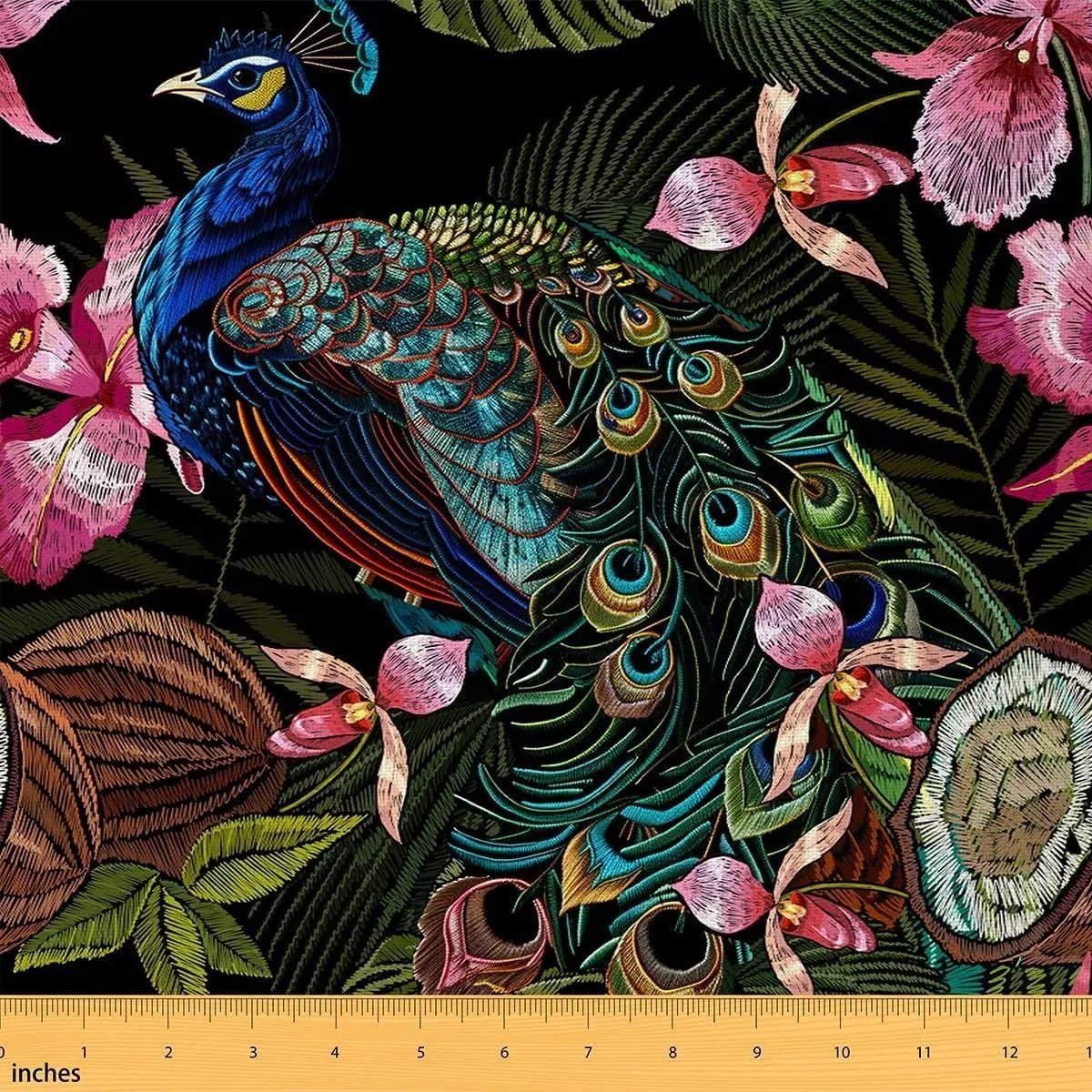 Colorful Peacock Fabric Pink Floral Coconut Tropical Plants Fabric Soft Flannel Polyester No Stretch and Home DIY Projects Orchid Flower Fabric Chairs Curtains Lamp Shade