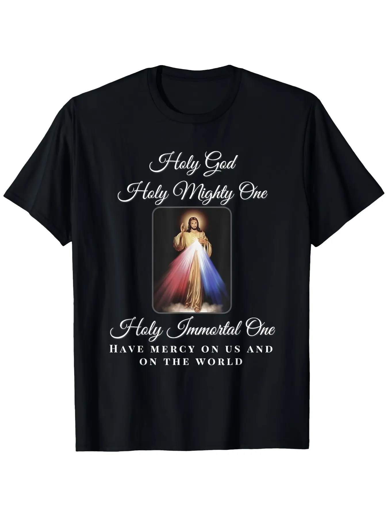 Divine Mercy Holy God Prayer Catholic T-Shirt for Men & Women - Soft Breathable Short Sleeve Round Neck Tee with "Holy God Mighty One" & "Have Mercy on Us" Prayer Print, Religious Apparel for Mass, Confession, Daily Devotion