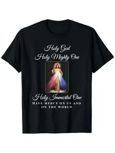 Divine Mercy Holy God Prayer Catholic T-Shirt for Men & Women - Soft Breathable Short Sleeve Round Neck Tee with "Holy God Mighty One" & "Have Mercy on Us" Prayer Print, Religious Apparel for Mass, Confession, Daily Devotion