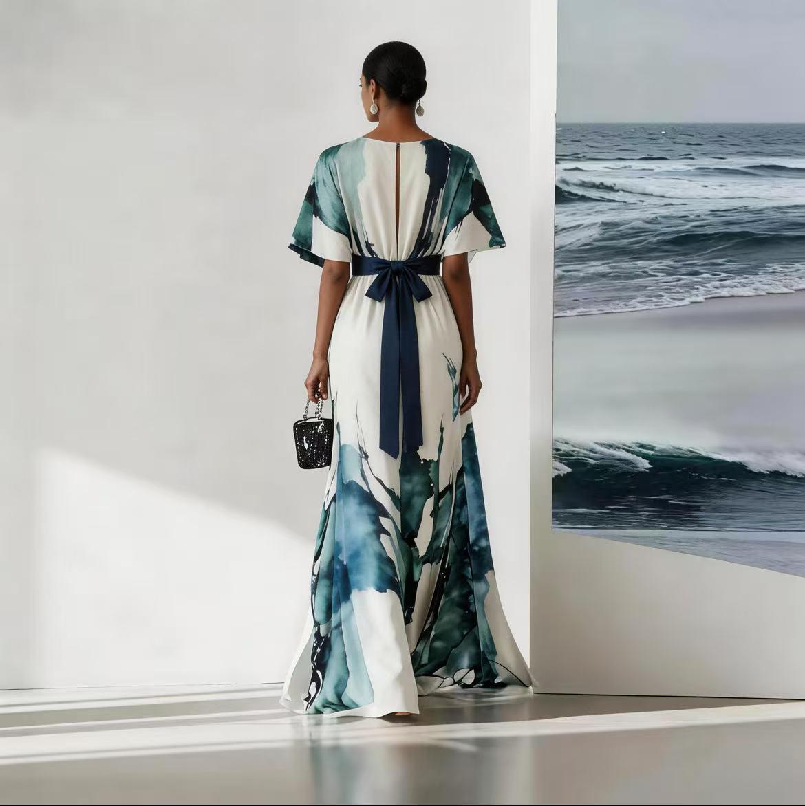 2026 Summer Watercolor Print Maxi Dress - V-neck Tie Waist, Batwing Sleeves And Pleated Details, Loose Bohemian Wedding Party Dress (blue/white/black/beige), Elegant Tassel Design For Wedding And Holiday Wear, A Must-have For Bohemian Lover Fit Womenswear