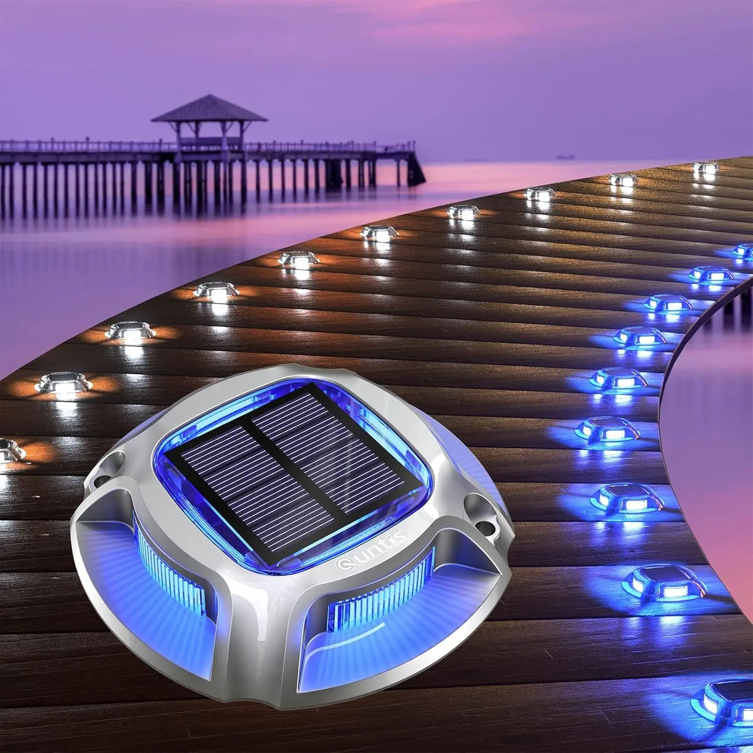 Quntis 12-Pack Solar-Powered Aluminium Outdoor Pathway Lights, IP68 Water Resistant Color Changing Driveway Markers, 12V DC, 500m Range, 8 LED Beads, 600mAh, Cool White/Blue Modes for Decks, Swimming Pools