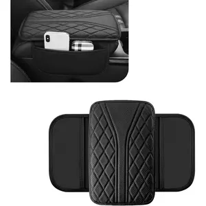 Center Console Cover, Leather Arm Rest Cover with 2 Storage Bag, Console Cover for  Storage Box Protector, Universal for Sedan SUV  (Black)