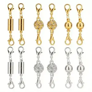 A set of 16 cylindrical and spherical magnetic clasps, magnetic necklace clasps and necklace extension chains, with strong magnets, gold-plated, silver-plated, stainless steel pendant gifts.