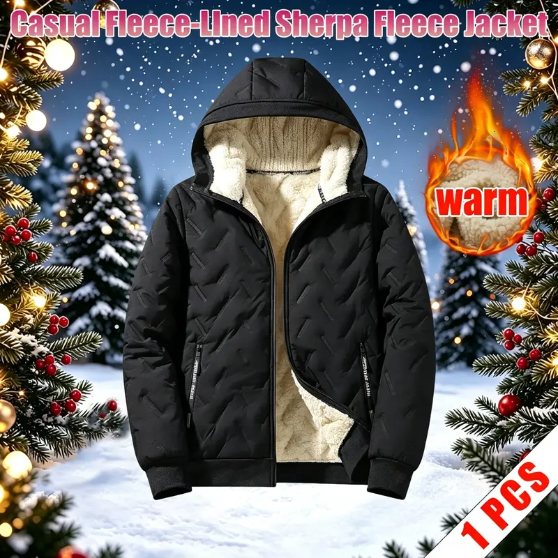 Men’s winter Sherpa fleece-lined hooded jacket or stand-collar jacket, windproof, waterproof, thick outdoor insulated outerwear, black sherpa plush high-performance filled jacket with secure zipper pockets, lightweight geometric-textured technical fabric