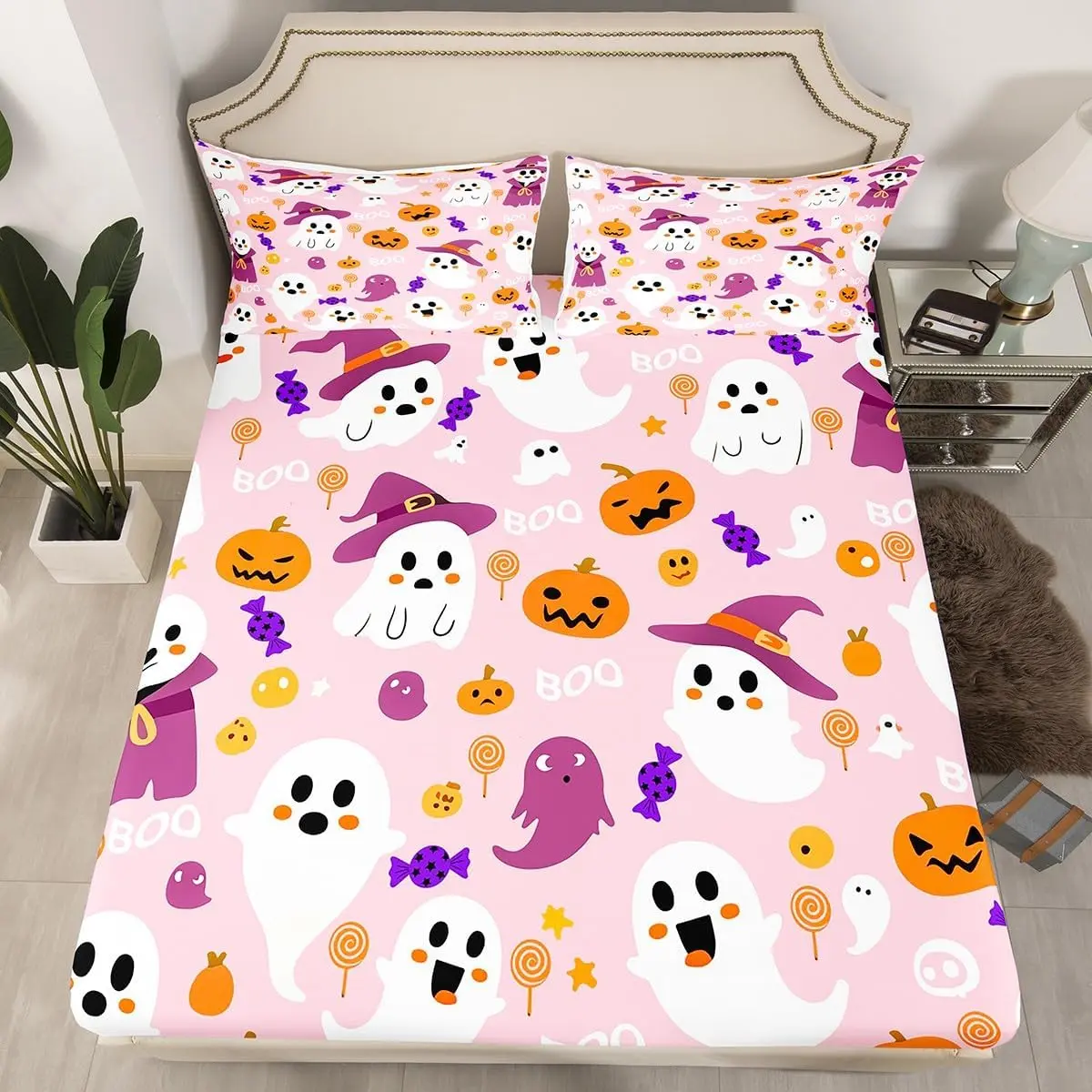 Feelyou Queen Size 4-Piece Printed Halloween Microfiber Bedding Set - Cute Ghost Pumpkin Decorative Bedsheet Sets, Pink Purple Kawaii Luxury Deep Pocket Covers & Sheets, Printed Bedding Set