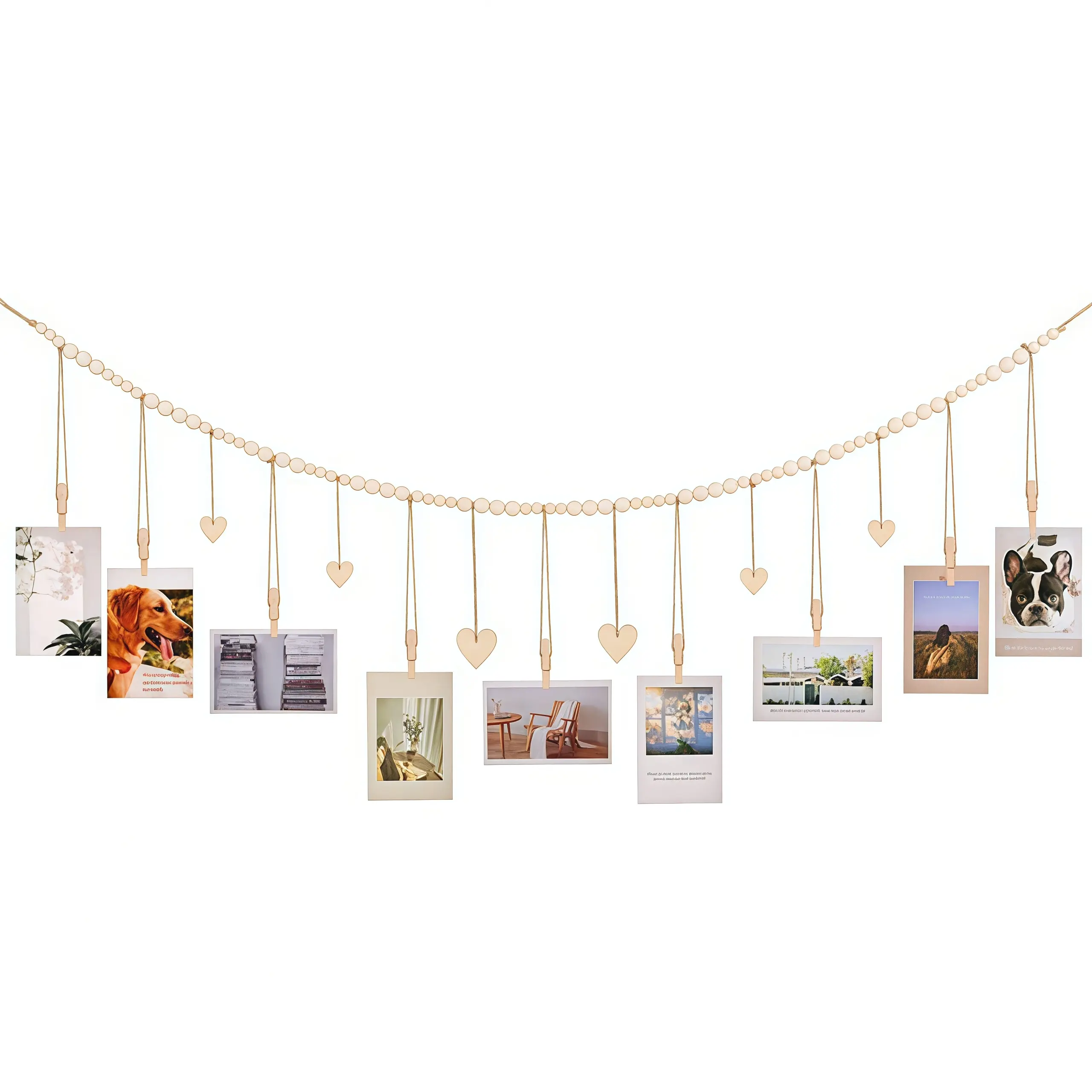 Nordic-Style Natural Color Heart-Shaped Wooden Bead Photo Display Clip Organizer, Home Decor Hanging Ornament for Children's Photo Wall