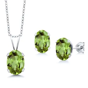 925 Sterling Silver Green Peridot Pendant Earrings Jewelry Set For Women | 1.90 Cttw | Gemstone August Birthstone | Oval 7X5MM | with 18 Inch Chain