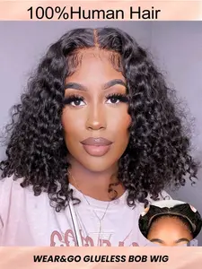 Wear & Go 4*4 HD Transparent Lace Glueless Pre Plucked Natural Hairline Hair Accessory Deep Curly 180% 8-14 Bob Inch HD Lace Closure Wigs Natural Black Gifts For Women Weave Glueless Valentine's Day Human Hair Lace Wig Natural Glueless Wig For Romantic Da