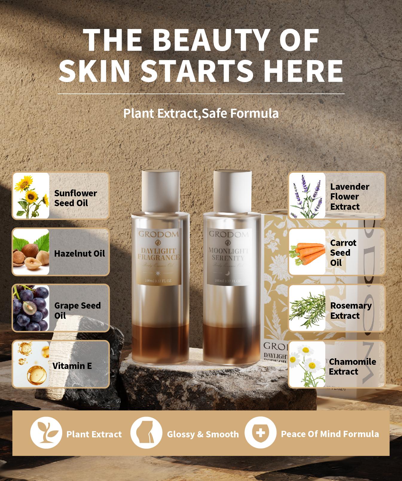 GRODOM Day & Night Body Essence Oil Set Plant-Based Moisturizing Serum for Hydrating Brightening Skin Citrus Daylight Lavender Night Repair Smooth Radiant Skin Care Daily Use 100ml