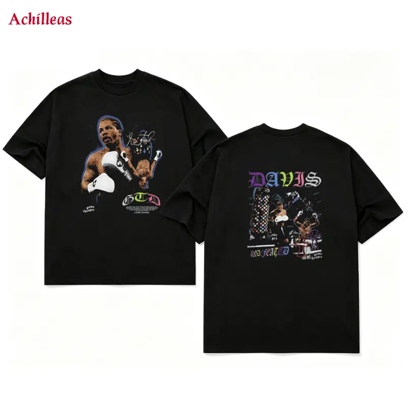 Davis Front & Back Print Short Sleeve T-Shirt, Round Neck Cotton Boxing Fighter Graphic Crewneck Tee, Double Sided Streetwear Top For Boxing Fans