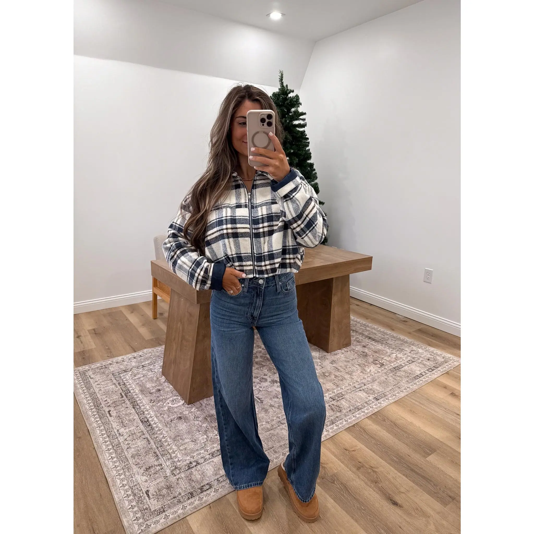 Flannel Cropped Bomber Jacket- navy