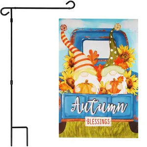 G128 Combo Pack: Garden Flag Stand Black 36 in x 16 in & Garden Flag Fall Decoration Autumn Blessings Gnomes with Pumpkins 12"x18" Double-Sided Blockout Fabric