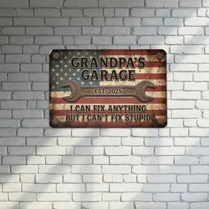 Personalized Garage Metal Sign, Distressed American Flag Workshop Sign, Can't Fix Stupid Wall Hanging