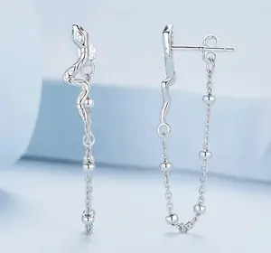Platinum 925 Sterling Silver Elegant Zircon Viper Tassel Chain Stud Earrings
