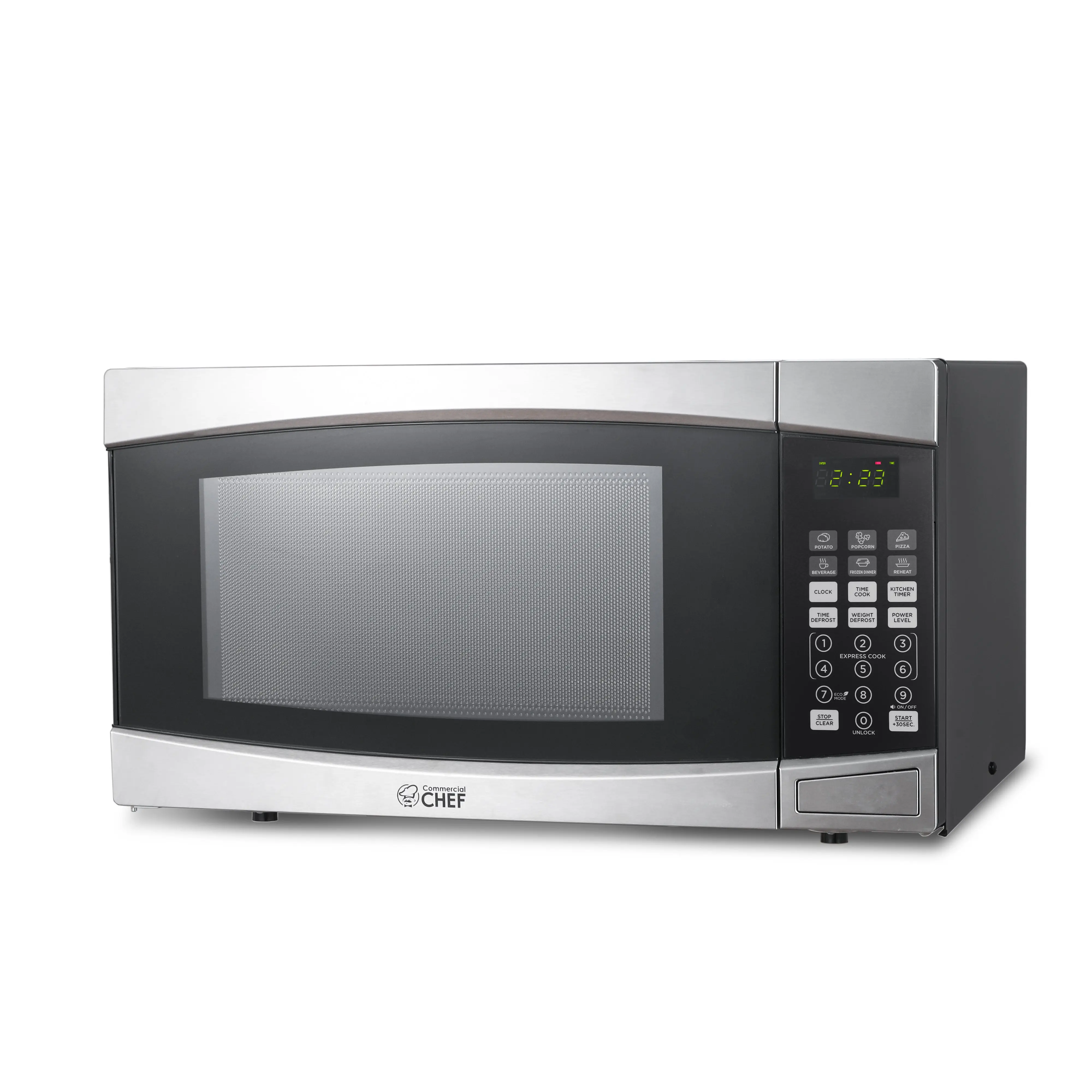 Commercial Chef 1.4 Cu. Ft. Countertop Microwave Oven, Touch Controls with Digital LED Display, 1100W Microwave, 12.4 Turntable, Push Button Door, 10 Power Levels, CHM14110S6C, Black/Stainless