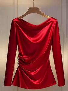 Elegant Crepe Draped Collar Side Ruffle Decor Button Long Sleeve Women T-Shirt