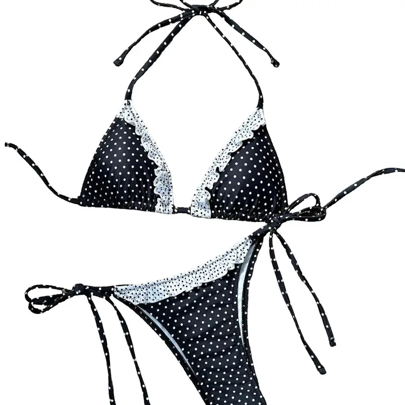 Two-piece Set Women's Polka Dot Print Bikini Set, Polka Dot Swimwear, Bikini Swimsuits, Casual Tie Back Swim Bra & Tie Side Swim Panty, Ladies Swimsuit for Beach Holiday Vacation, Tie Back Bikinis